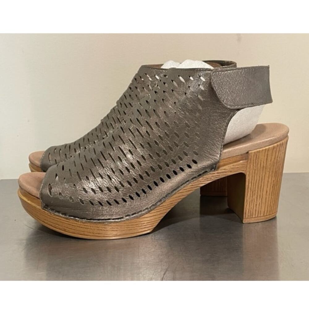 Dansko Gray Perforated Leather Peep-Toe Sandal with Wood Block Heel